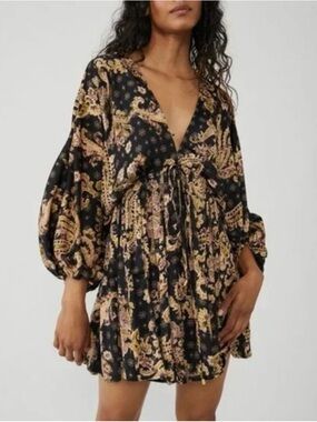 Free People Arzel Black Paisley V-Neck Mini Dress with Balloon Sleeves boho med